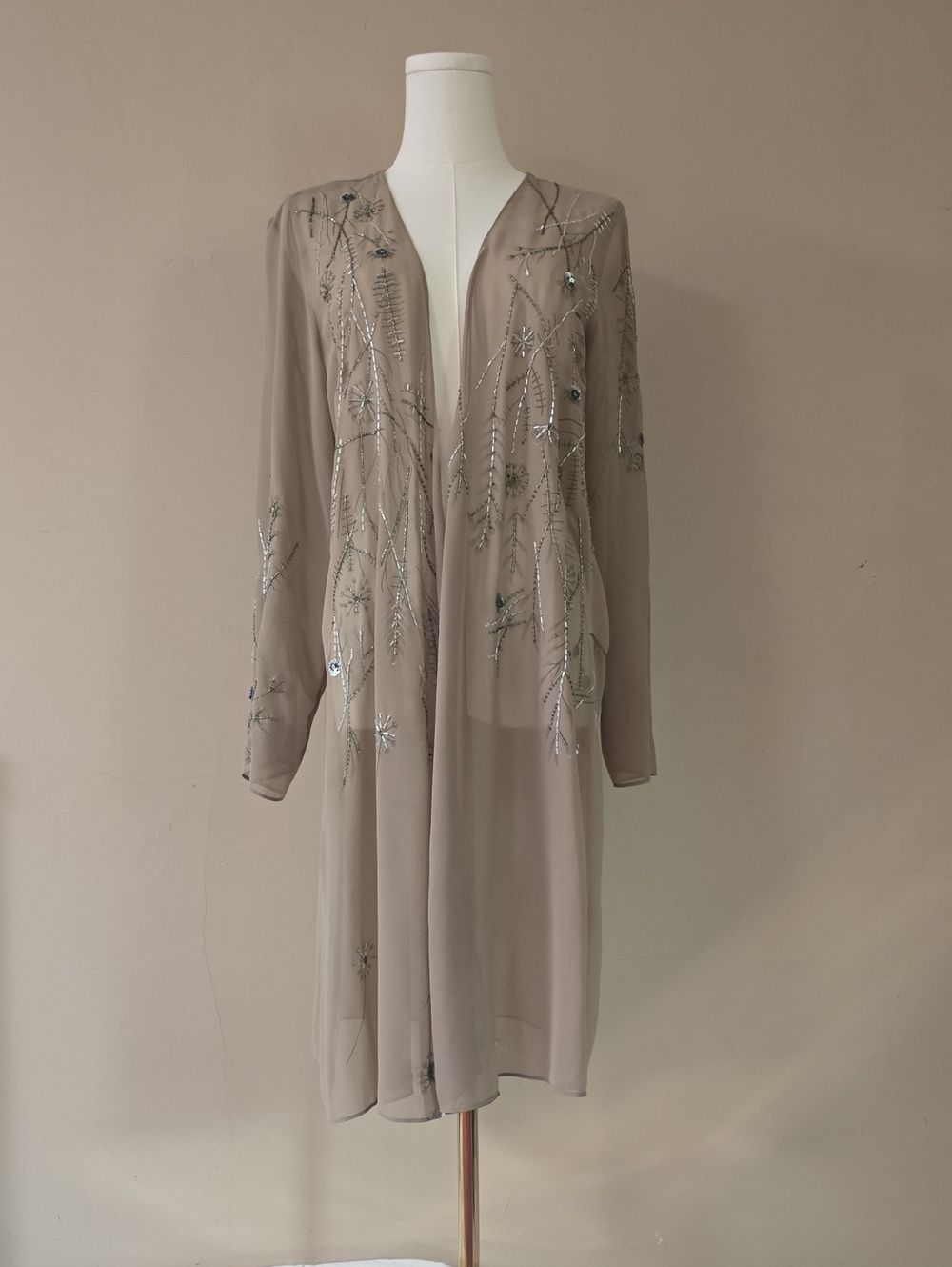 Soft Surroundings Taupe Embellished Long-Sleeve Sheer Beaded Layer Coat